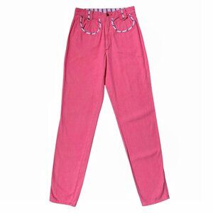 80s vintage highwaisted pink jeans tapered denim bright coral colour wash.